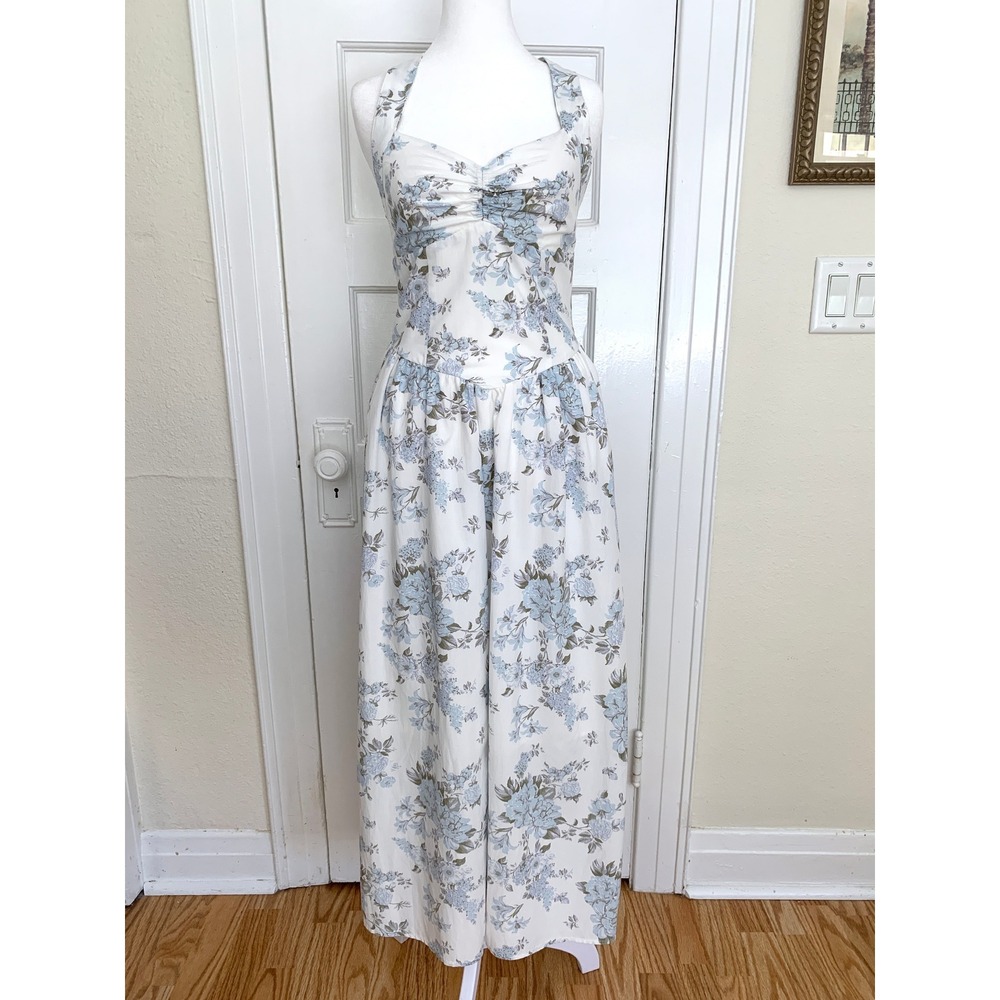 Floral Halter Sun Dress XS Coquette Blue White Sweetheart V-Waist Cottagecore - Picture 2 of 16